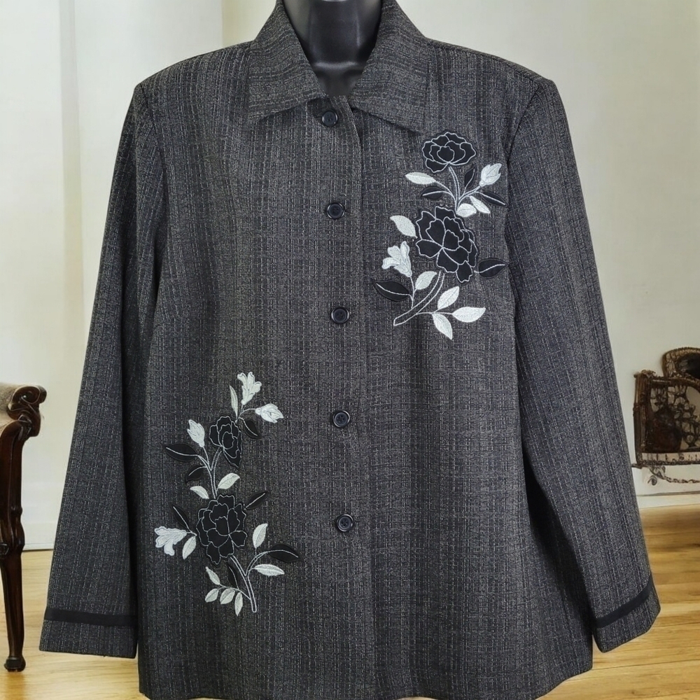 Vtg BonWorth Floral Blazer Sz M Womens Black White Grandmacore Church Officecore